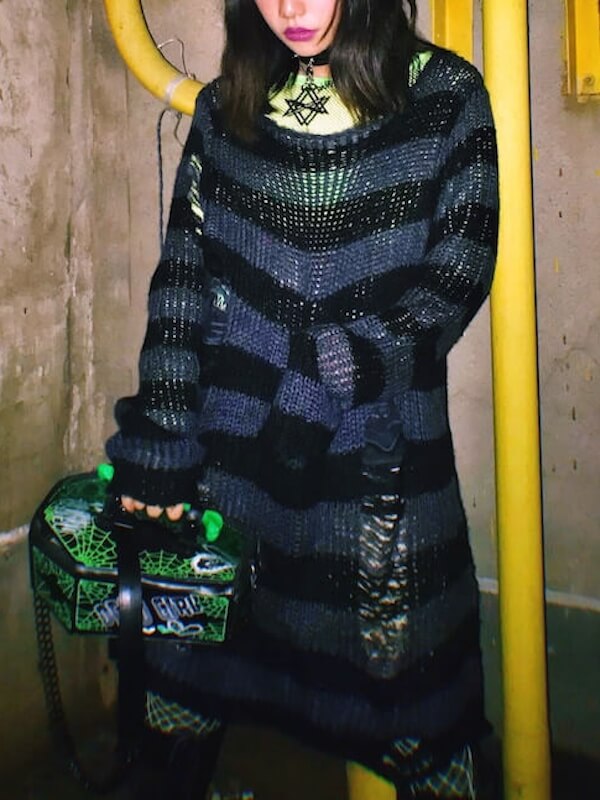 Alternative punk ripped stripes sweater