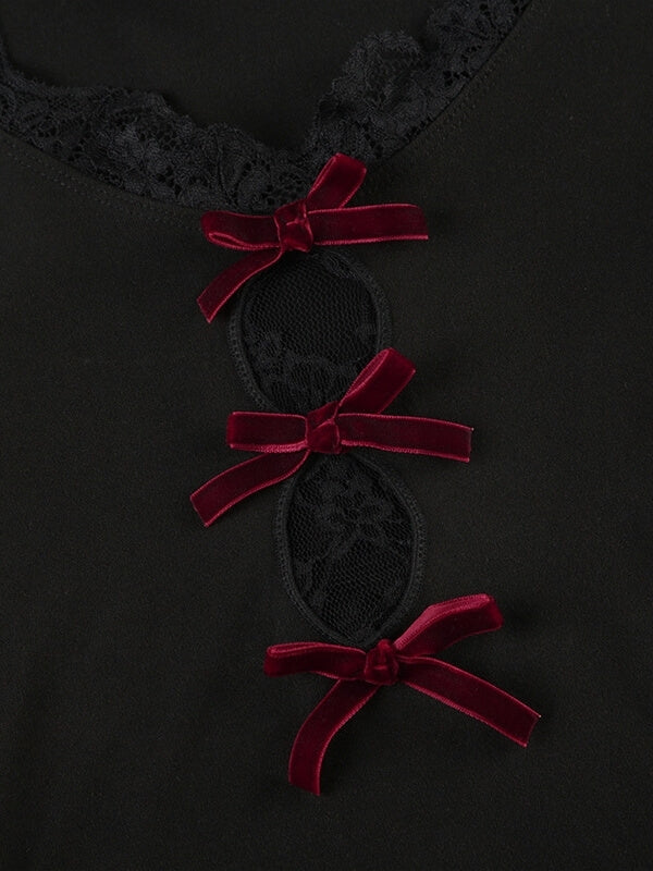 Bianca hollow-out red bows lace top