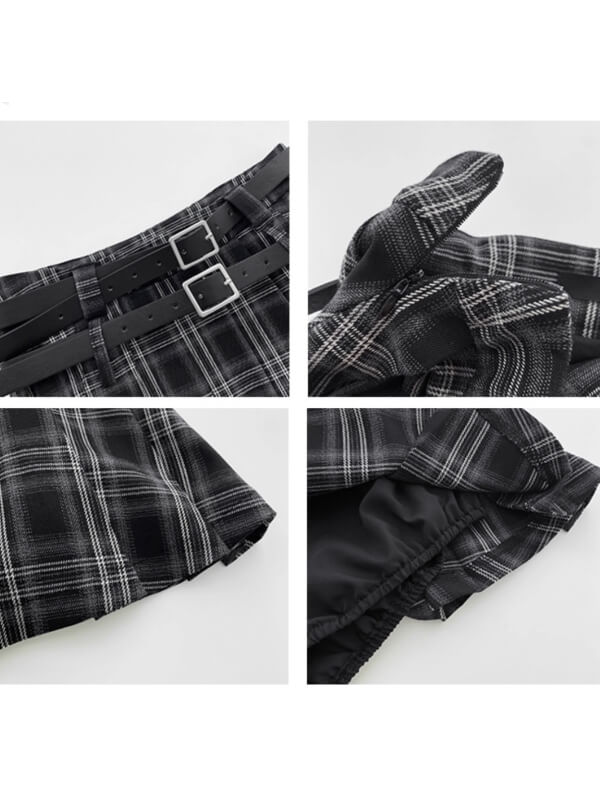 Double belt academia plaid mini skirt