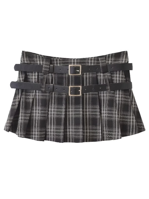Double belt academia plaid mini skirt