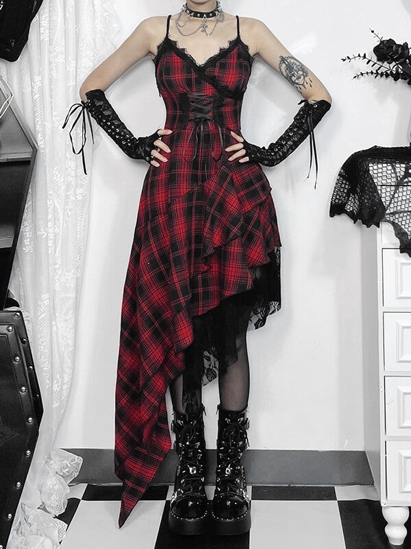 Gothic Punk rot kariertes unregelmäßiges Kleid