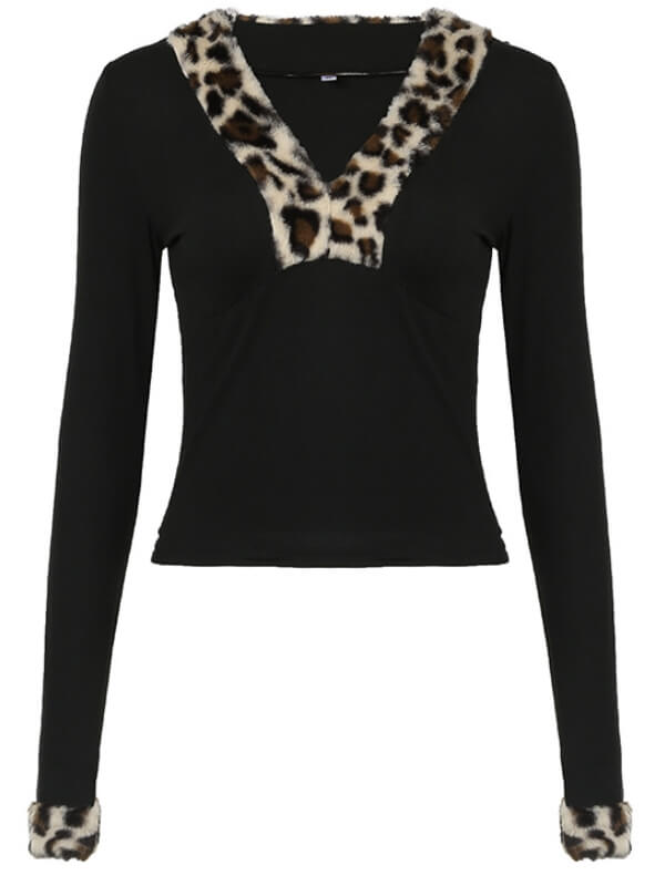 Leopard fur collar slim-fit vintage top