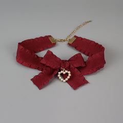 Pearl heart red bow choker