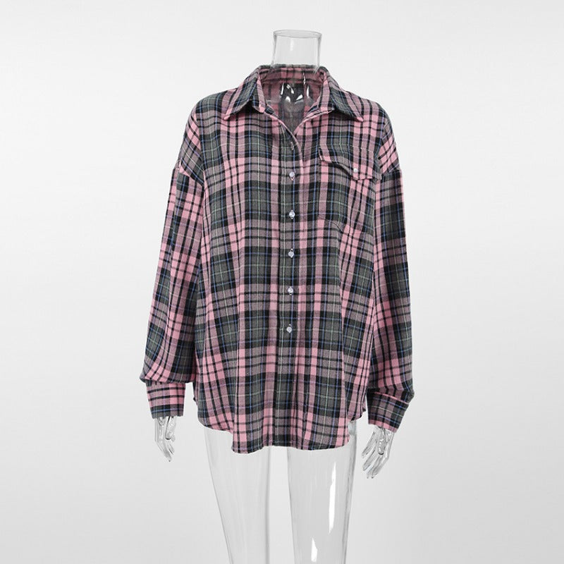 Pydshop Fashion Retro Lattice Loose Shirt For Women Single-Breasted Long Sleeves Contrast Color Top Cardigan Female Autumn NewChristmas Gifts