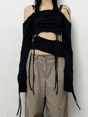 Pydshop Black Drawstring Shirring Off Shoulder Top