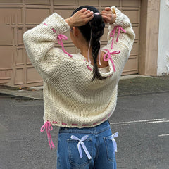 Pydshop Long Sleeve Loose Knitted Sweater For Women Contrast Color Drawstring Hollow Out Pullover Sweater Top Y2K Autumn NewChristmas Gifts