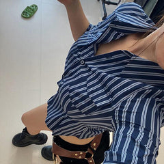 Pydshop Fashion Striped Blouses Streetwear Y2K Aesthetic Vintage Buttons Up Lapel Collar Shirts Women Sexy Crop Top Autumn Short Shirt