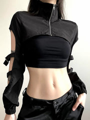 Pydshop Black Buckle Turtleneck Pullover Smock Zipper Top