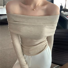 Pydshop Black Solid Off Shoulder Elegant Long Sleeve Tops Korean Fashion Slim Sexy Cropped T Shirt Women Autumn Y2k Clothing Skinny Top