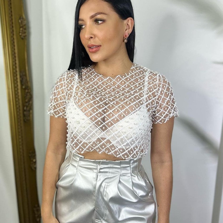 Pydshop Mesh Splice Sequins Cover-up Women Sexy See Through Short Sleeve Crop Tops Ladies 2024 Party Beach Shirts Cover Up FemmeChristmas Gifts