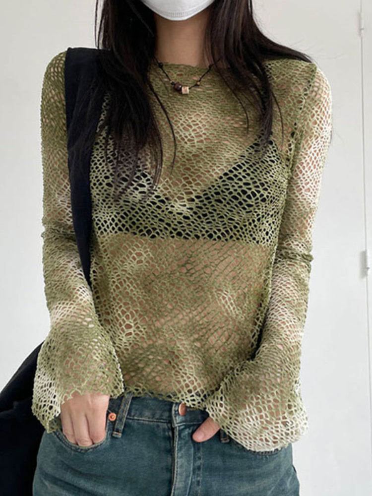 Pydshop Green Tie Dye Fishnet Long Sleeve Top