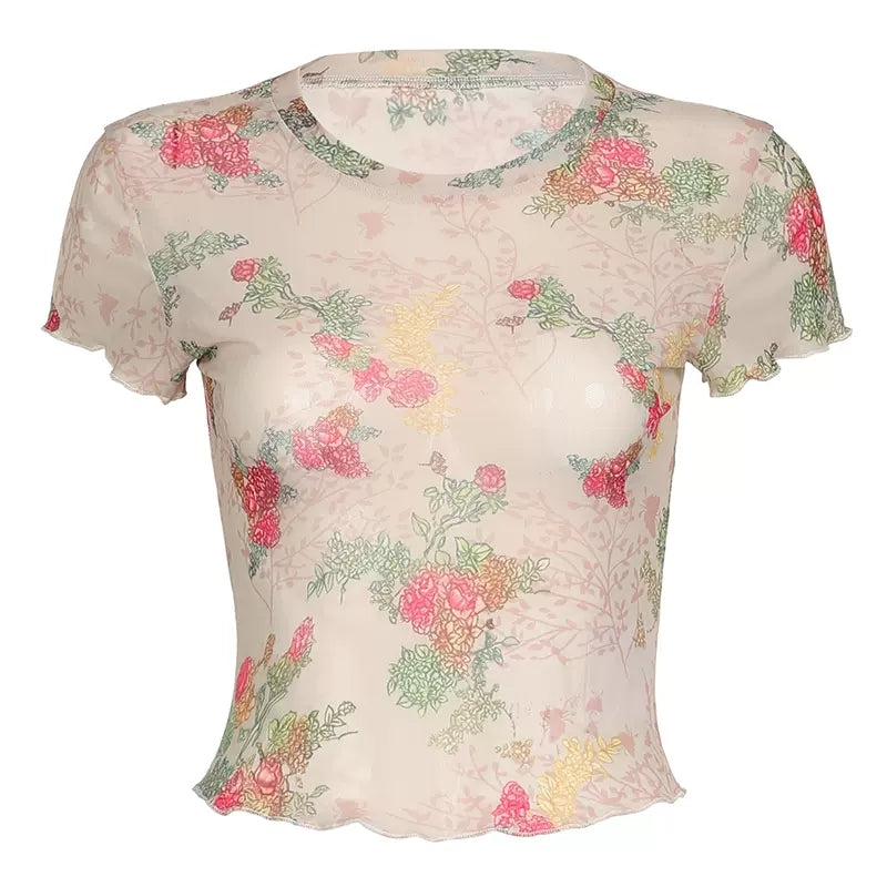 Pydshop Women Y2k Top Short Sleeve Mesh See Through Printed Aesthetic Floral T-shirt Summer Girls Sexy Crop Top Streetwear