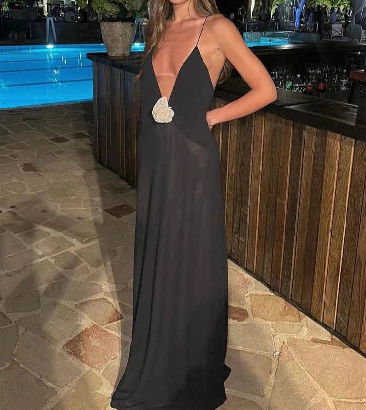 Deep V-Neck Backless Maxi Evening Dress