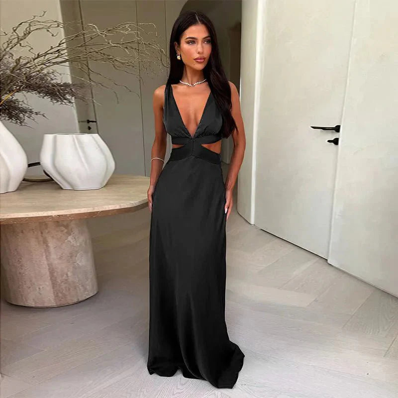 Deep V-Neck Hollow Out Maxi Dress
