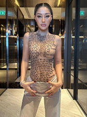 Pydshop Mesh Letter Printted T-shirt Women O-Neck See Through Sexy Tank Tops With Golve High Street Basic Slim Y2K Top Tee ShirtsChristmas Gifts