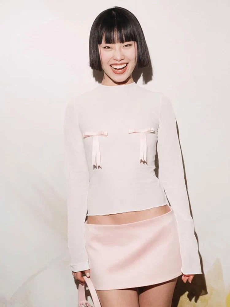 Pydshop Splice Bow Shirts For Women Slim O Neck Long Sleeve Crop Tops Female 2024 Autumn Fashion Bodycon White Tshirts Ladies NewChristmas Gifts