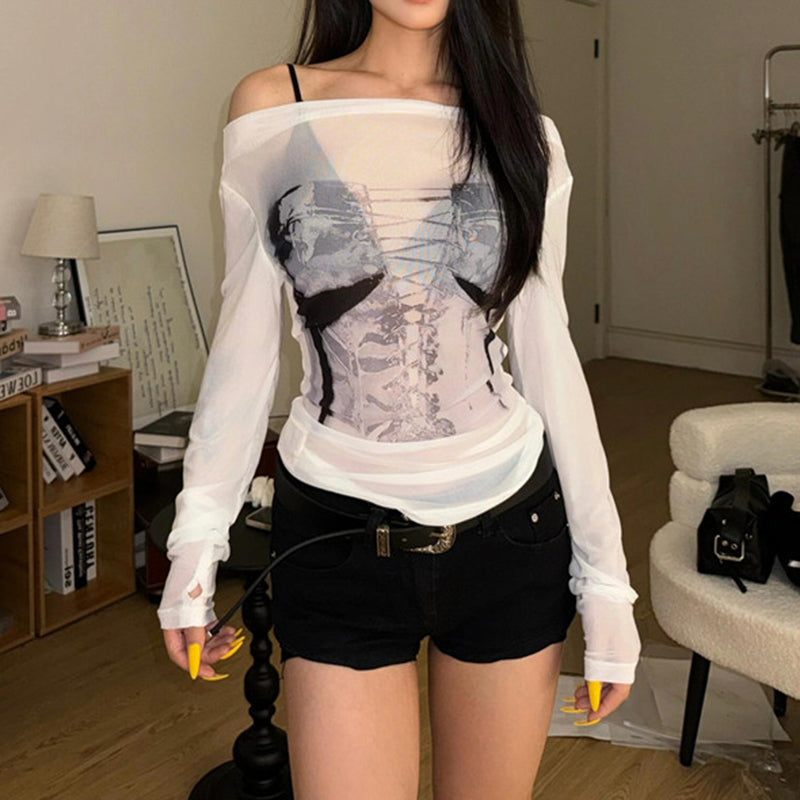 Pydshop Aesthetic Sexy Mesh Top Women Long sleeve T-shirt Summer Fairy Grunge Clothes Transparent Printing Streetwear Y2k Off Shoul Tops