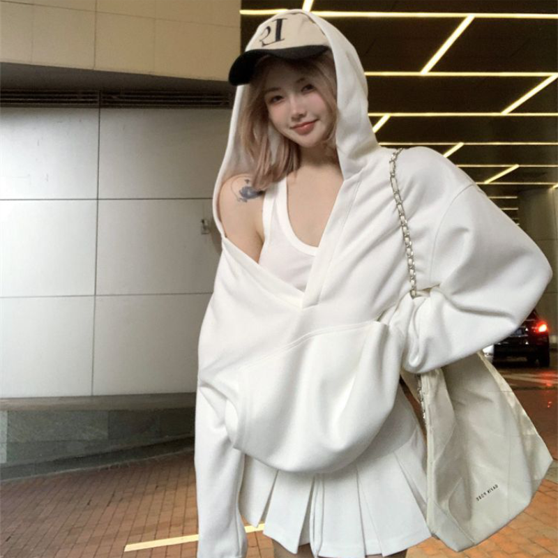 Pydshop Casual Hooded Pullover Top Women Y2K V-neck Hoodies Solid Harajuku Long Sleeve Hoodie Oversized Tops Female Loose Clothing