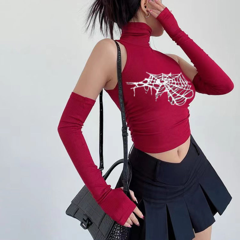 Pydshop Gothic Spider Print Tank Top for Women Summer Y2k Tops Black Oversleeve Sexy Turtleneck Slim Short Skinny Streetwear Crop Top