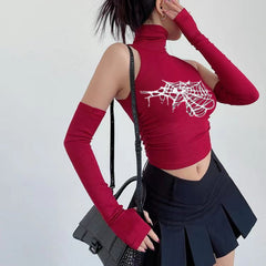 Pydshop Gothic Spider Print Tank Top for Women Summer Y2k Tops Black Oversleeve Sexy Turtleneck Slim Short Skinny Streetwear Crop Top