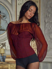 Pydshop Chiffon Lace Up Top Hot Girl New Sexy Mesh Patchwork Ruched T-shirt See Through Slim Pullovers Solid Fish Bones Slim TopChristmas Gifts