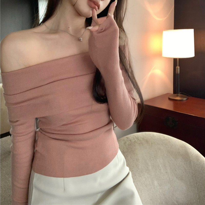 Pydshop Black Solid Off Shoulder Elegant Long Sleeve Tops Korean Fashion Slim Sexy Cropped T Shirt Women Autumn Y2k Clothing Skinny Top