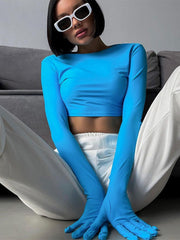 Pydshop Gloves Splicing Crop Tops Women O Neck Slim Solid T Shirts Ladies Fashion Casual Bodycon Tees For Women's Clothing 2024Christmas Gifts