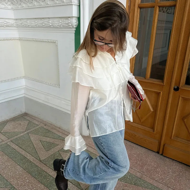 Pydshop White Ruffle Shirt Women's Spring Loose Casual Bell Sleeve Shirt Top Fashion Lace Button Office Lady Streetwear Shirt