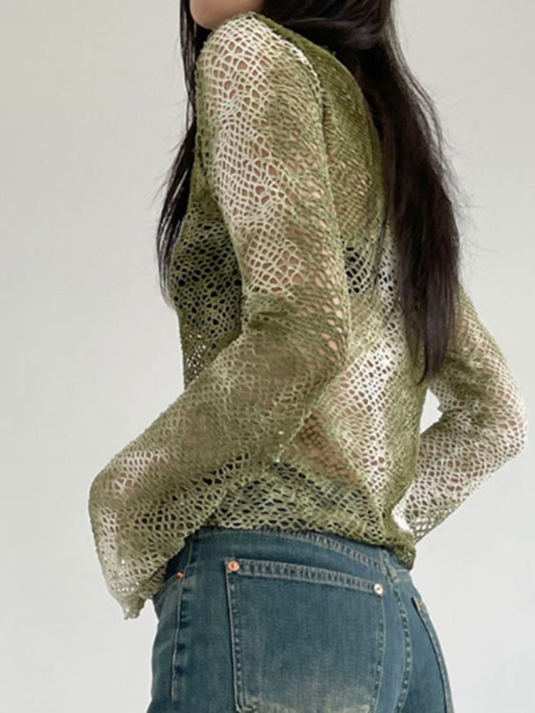 Pydshop Green Tie Dye Fishnet Long Sleeve Top