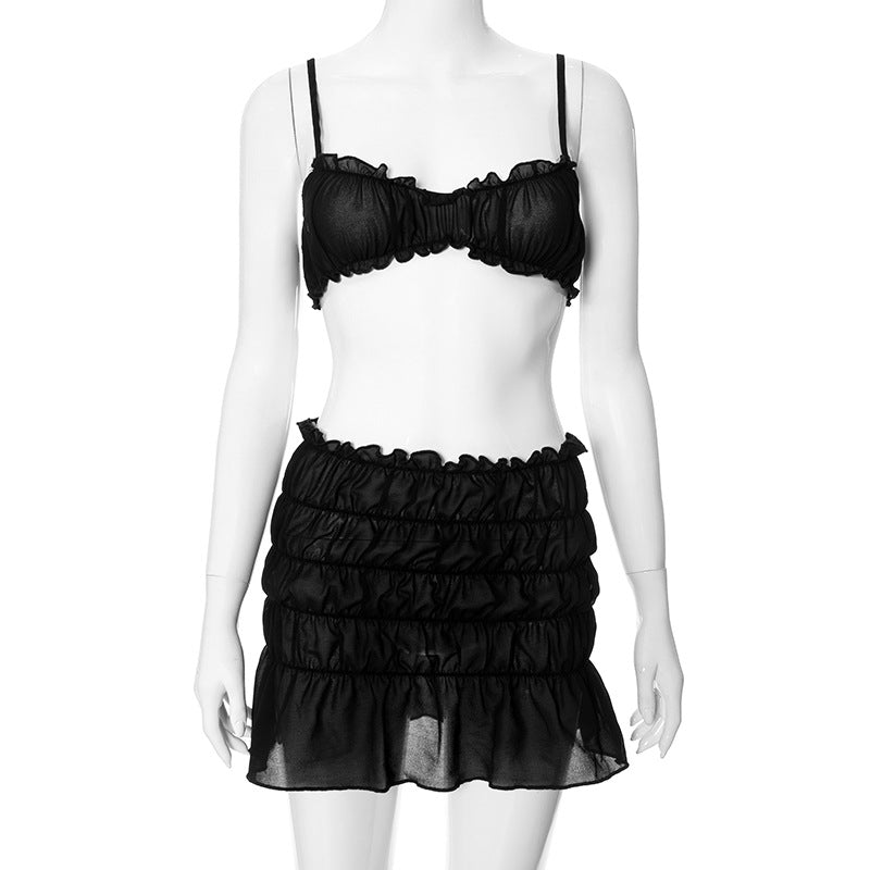 Pydshop Sexy Camisole Top Low Waist Stacked Ruched Skirt  2-Piece Set Solid Color Sleeveless Backless Beach Holiday Summer Outfit