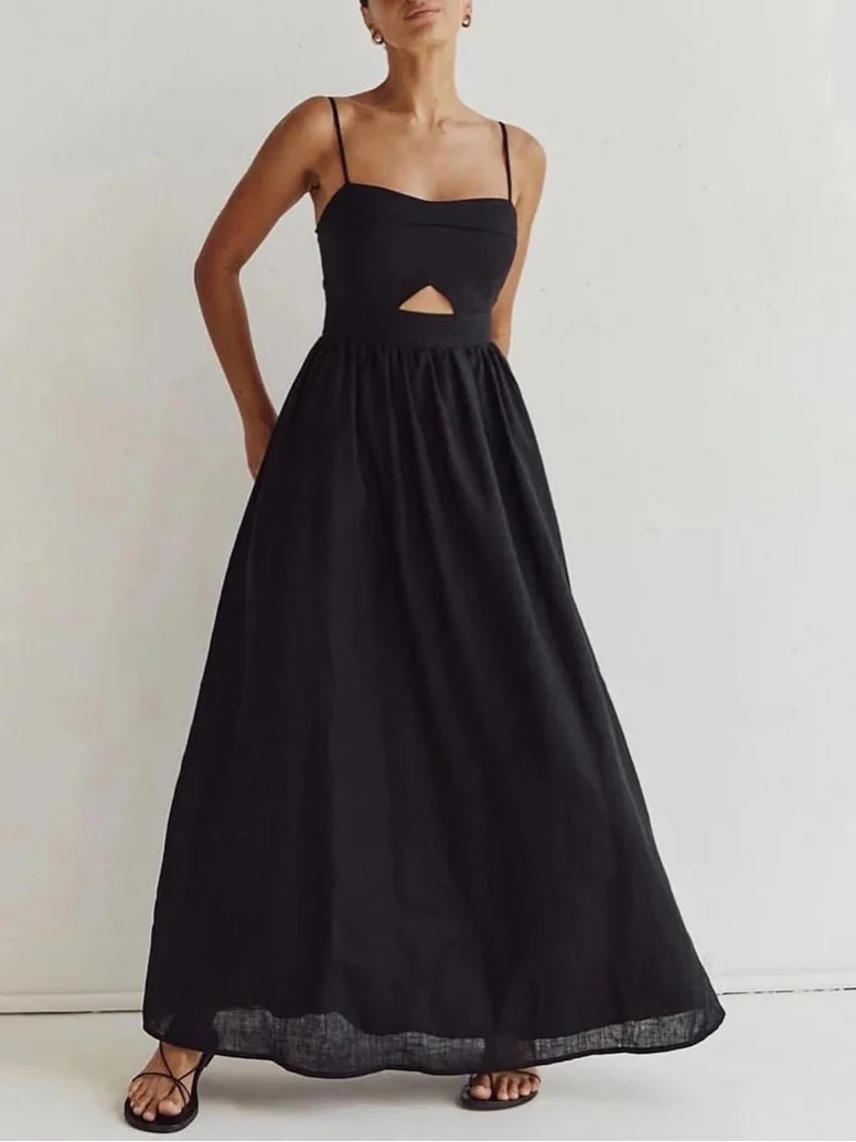 Elegant Black Cotton Ankle-Length Dress