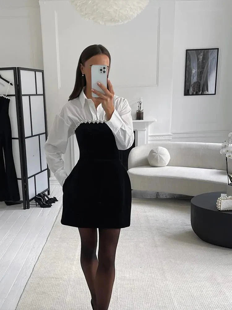 Elegant Black Velvet Rhinestone Mini Dress