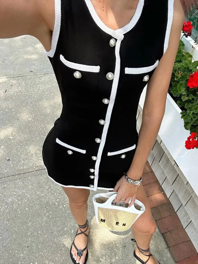 Elegant Mini Knit High Waist Pocket Contrast Cardigan Dress Knitwear