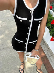 Elegant Mini Knit High Waist Pocket Contrast Cardigan Dress Knitwear