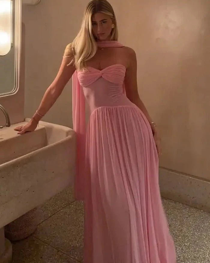 Elegant Pleated Backless A-line with Scarf Dress