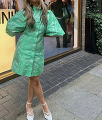 Elegant Puff Sleeve Stand-Up Collar Dress