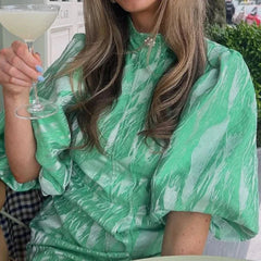 Elegant Puff Sleeve Stand-Up Collar Dress