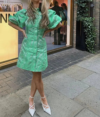 Elegant Puff Sleeve Stand-Up Collar Dress