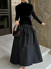 Elegant Velvet Pleated Black Dress