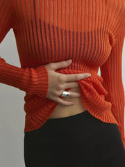 Pydshop Ribbed Knit Long Sleeve Top Shirts For Women White See-through Knit Rib Top Tees Outfits Casual Spring Skinny StreetwearChristmas Gifts