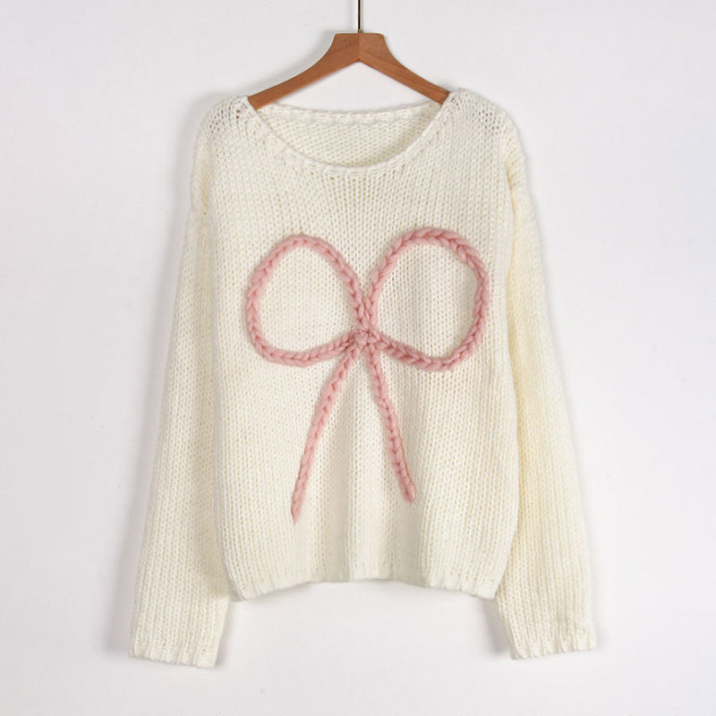 Pydshop Bows Long Sleeve Knitted Sweater For Women Casual Loose O Neck Crochet Pullovers Winter New Female Splice Sweater Top