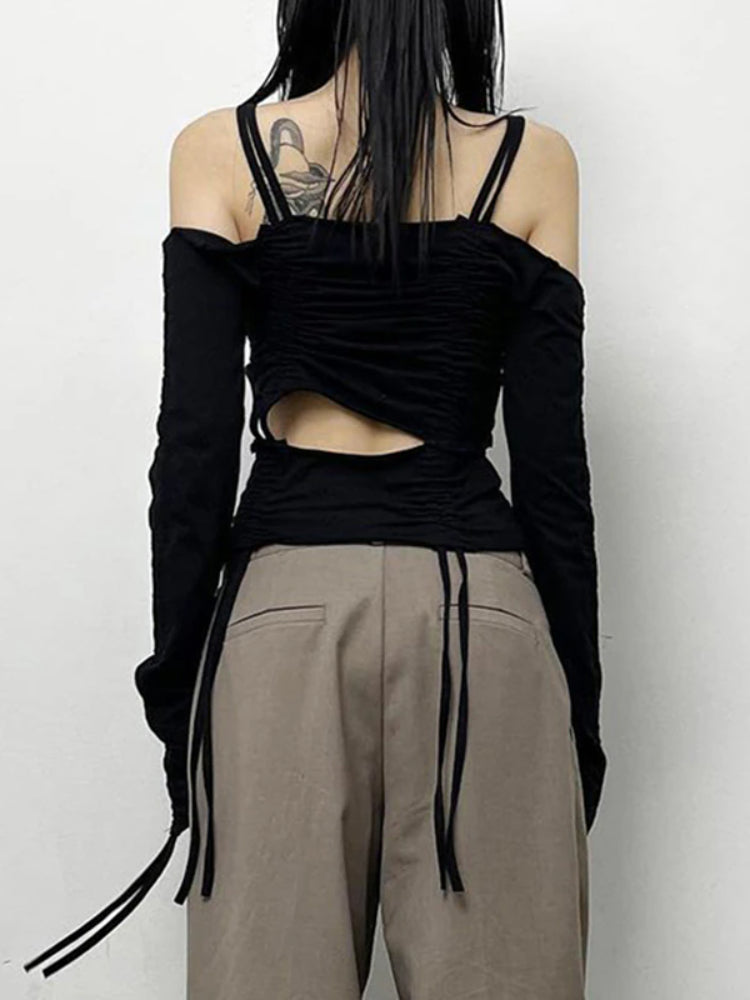 Pydshop Black Drawstring Shirring Off Shoulder Top