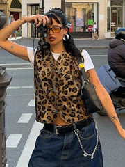 Pydshop Leopard Print Pin Vest For Women V-Neck Sleeveless Fashion Hot Girl Cardigan Top Female Autumn New Slim Fit Short VestChristmas Gifts