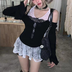 Pydshop Black Lace Stitched Off Shoulder Crop Top Hollow Out Sexy Skinny Long Sleeve T Shirts for Women Harajuku Y2k Autumn Tee Basic