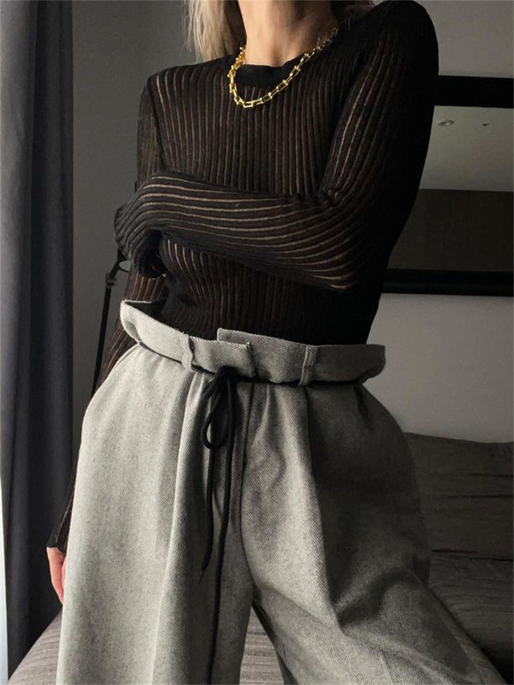 Pydshop Ribbed Knit Long Sleeve Top Shirts For Women White See-through Knit Rib Top Tees Outfits Casual Spring Skinny StreetwearChristmas Gifts
