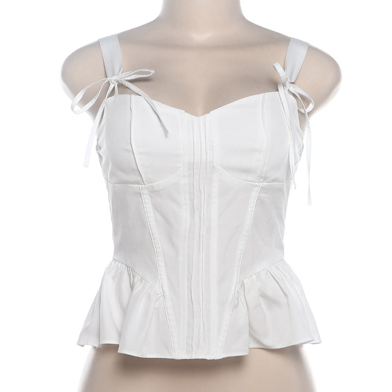 Pydshop Bow V-neck Solid Color Slim Camisole For Women Elegant High Waisted Patchwork Sleeveless Backless Sweet Short Tank TopChristmas Gifts