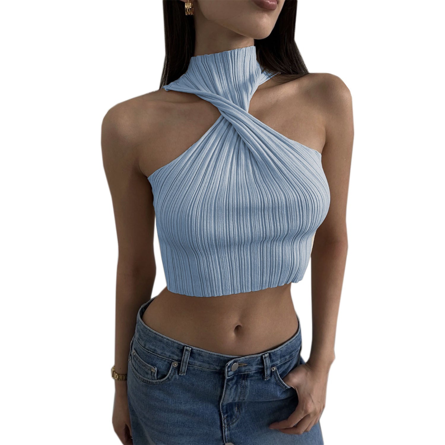 Pydshop Cross-Chest Off-shoulder Knitwear Vest Top For Women Summer Hot Girl Slim Sleeveless Twist Navel Short Top Y2K Pullover