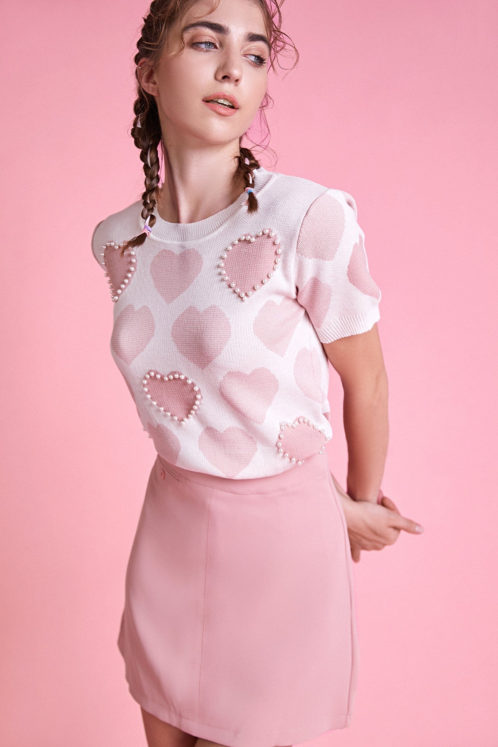 Pydshop Pink Heart Print Knitted Crop Top