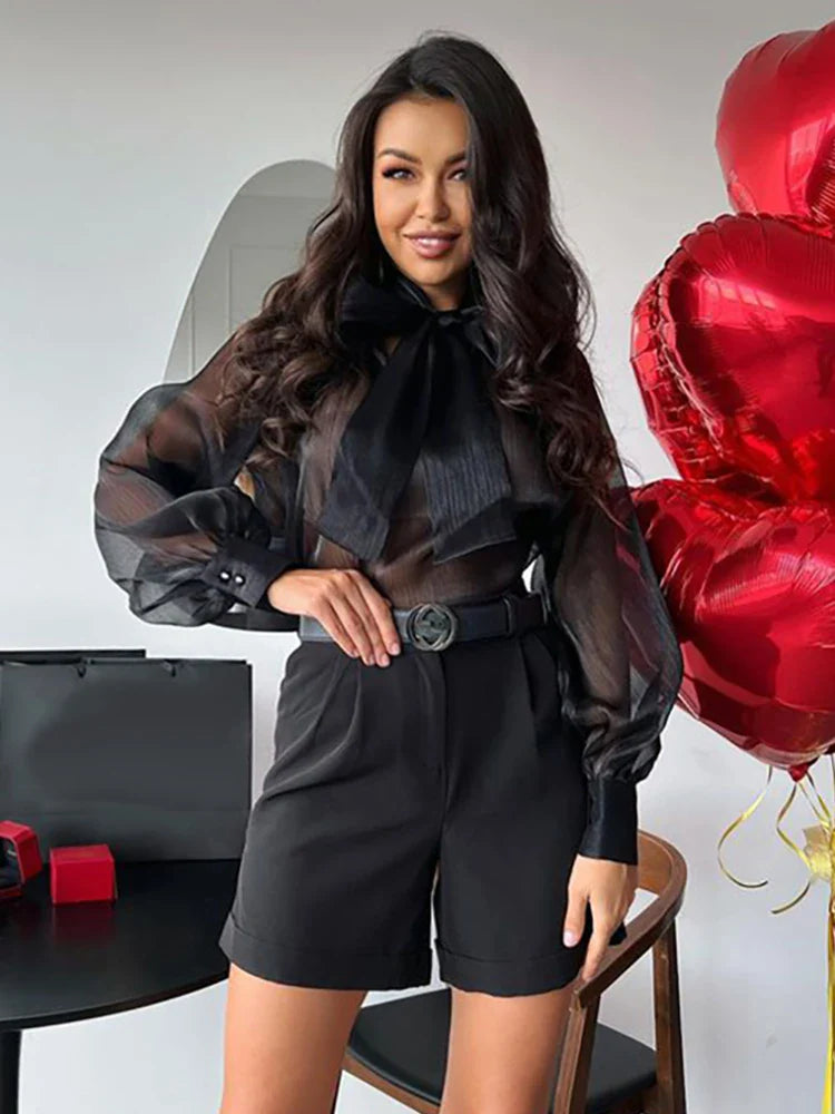 Pydshop Women Blouses Shirts 2024 Summer Chiffon See Throught Office Ladies Blouse Fashion Puff Sleeve Lace Up Shirts Tops BlackChristmas Gifts