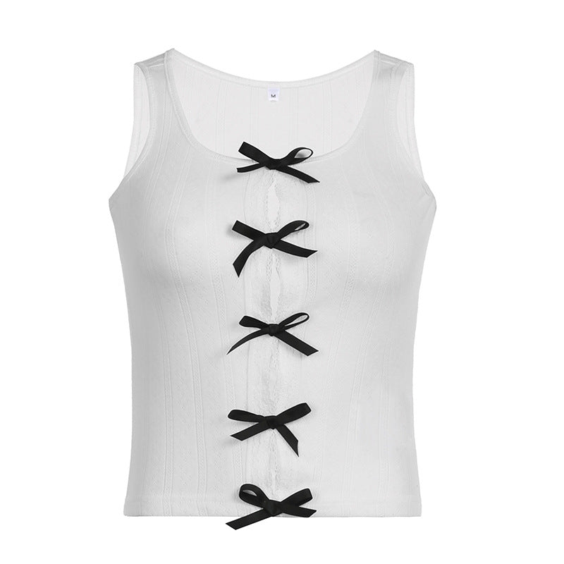 Pydshop Lace Bow Splice Tank Top Women Sexy Hollow Out Slim Sleeveless Shirts Hot Girls Bodycon Fashion Crop Tops Woman Clothing